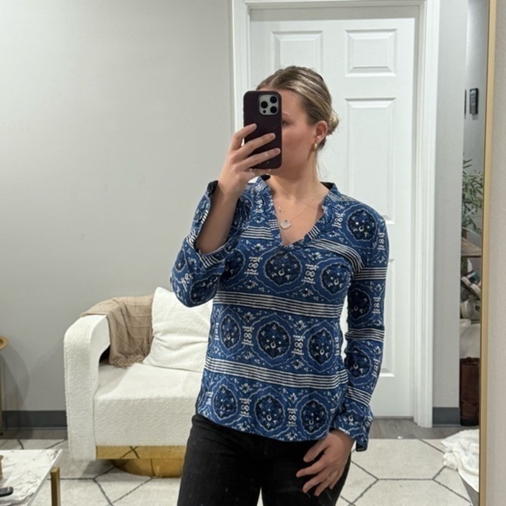 Tory Burch Tunic Blouse Embellished V-Neck In Blue Pattern